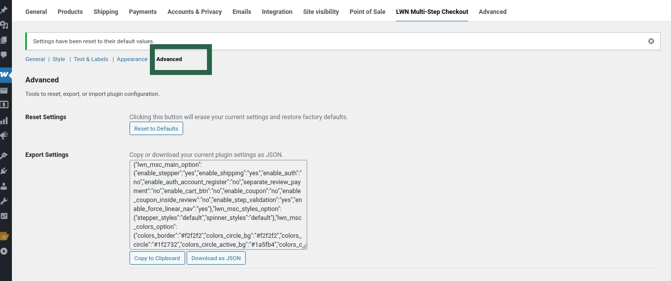 Screenshot of the Advanced tab in Multi-Step Checkout plugin showing reset, export, and import settings options.