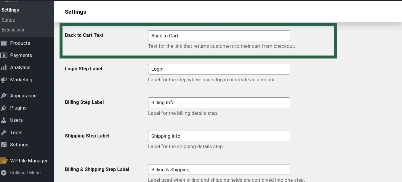 Screenshot of the Back to Cart Text input field in Multi-Step Checkout plugin settings.