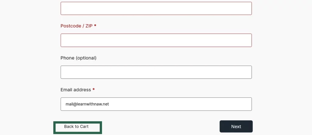Screenshot of the checkout page showing the "Back to Cart" button visible to customers