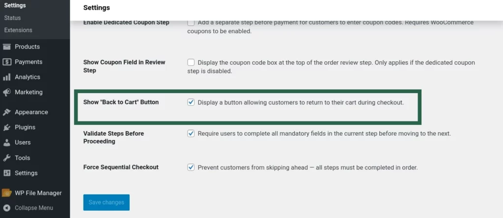 Screenshot of the “Show ‘Back to Cart’ Button” toggle in Multi-Step Checkout plugin settings.