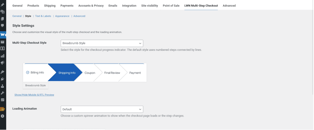 Animated GIF showing breadcrumb style and color settings in Multi-Step Checkout plugin, then displaying the breadcrumb navigation on the checkout page.