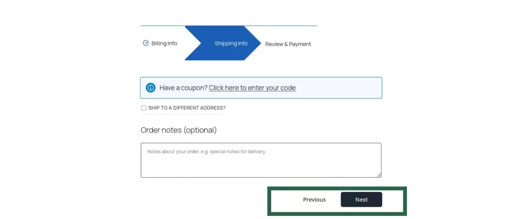 Screenshot of checkout page showing styled Next and Previous buttons with custom colors from the Multi-Step Checkout settings.
