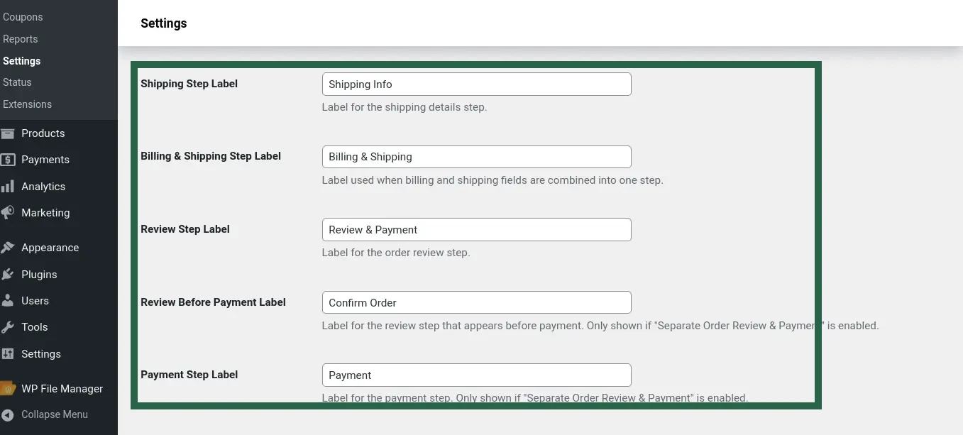 Screenshot showing multiple input fields for customizing checkout step labels in the Multi-Step Checkout plugin settings.