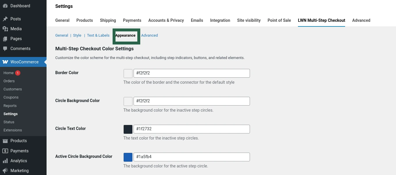 Screenshot of the Appearance or Colors tab in Multi-Step Checkout settings showing color customization options for stepper elements.