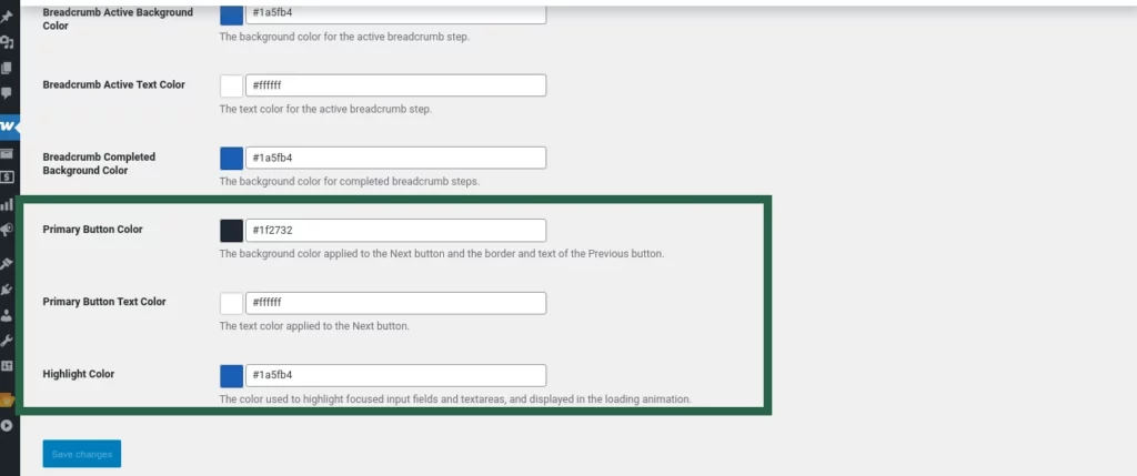 Screenshot of Multi-Step Checkout plugin settings showing Primary Button Color, Primary Button Text Color, and Highlight Color options.