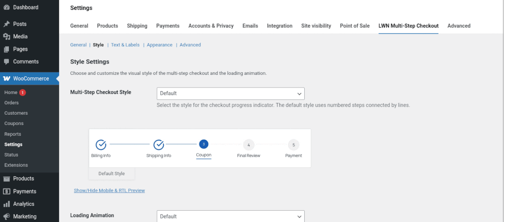 Animated GIF showing default stepper style and color settings in Multi-Step Checkout plugin and how they render on the checkout page.