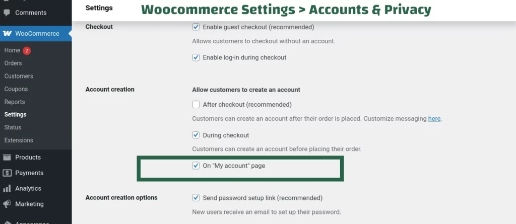 Screenshot of WooCommerce settings with “Allow customers to create an account on the ‘My account’ page” option enabled.