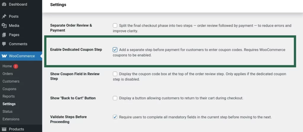 Screenshot of the “Enable Dedicated Coupon Step” setting enabled in Multi-Step Checkout plugin settings, with a note about WooCommerce coupons needing to be active.