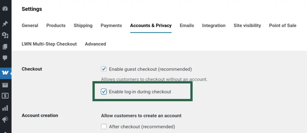 Screenshot of WooCommerce settings showing the “Allow customers to log into an existing account during checkout” option enabled.