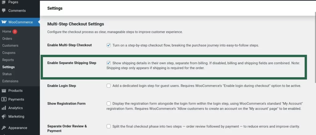 Screenshot showing the "Enable Separate Shipping Step" option toggled on in the Multi-Step Checkout settings.