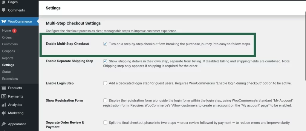 Screenshot showing the "Enable Multi-Step Checkout" option toggled on in the plugin settings page.
