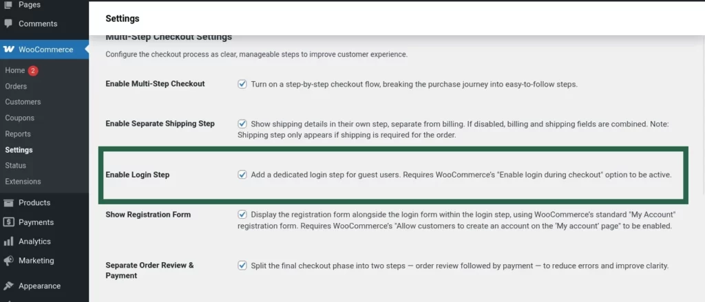 Screenshot of the “Enable Login Step” toggle in Multi-Step Checkout settings, with a note about WooCommerce's login during checkout option.