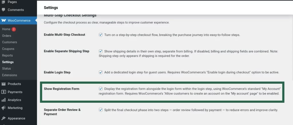 Screenshot of the “Show Registration Form” setting enabled in Multi-Step Checkout, with note about WooCommerce’s registration setting.