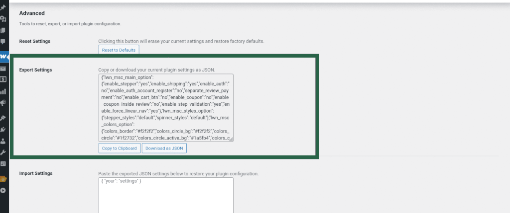 Screenshot showing export settings options with buttons to download JSON or copy configuration to clipboard.