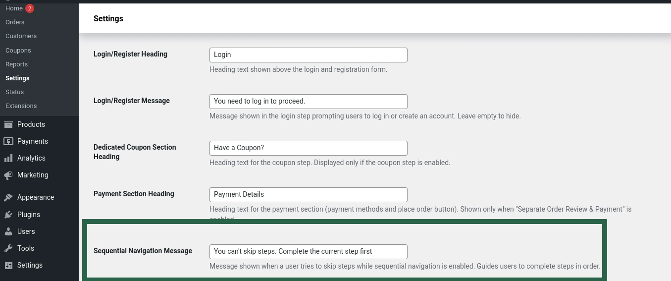 Screenshot of the Sequential Navigation Message setting in the Multi-Step Checkout plugin, used to prevent users from skipping steps.