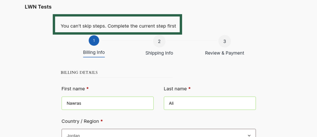 Screenshot of a warning message preventing users from skipping ahead in the checkout steps.
