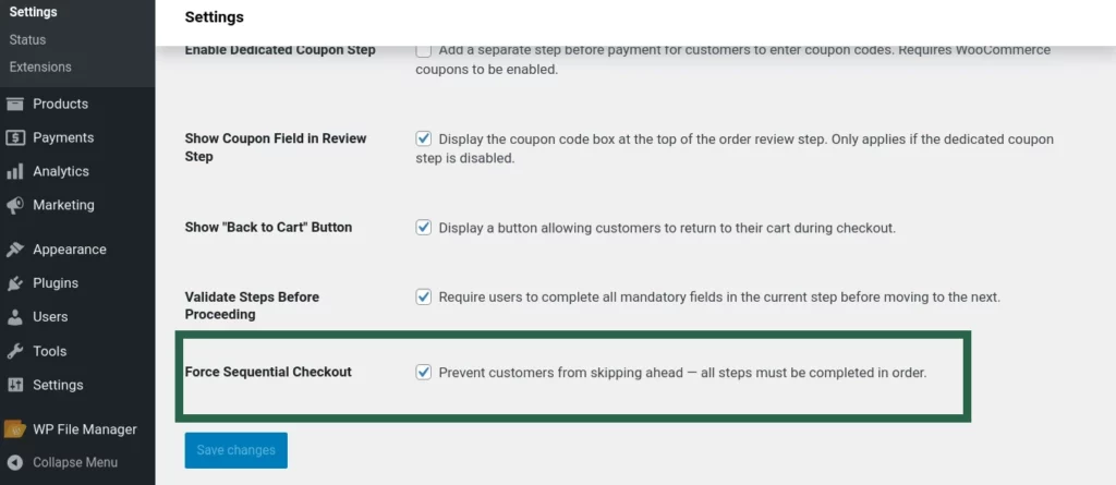 Screenshot of the “Force Sequential Checkout” toggle enabled in Multi-Step Checkout plugin settings