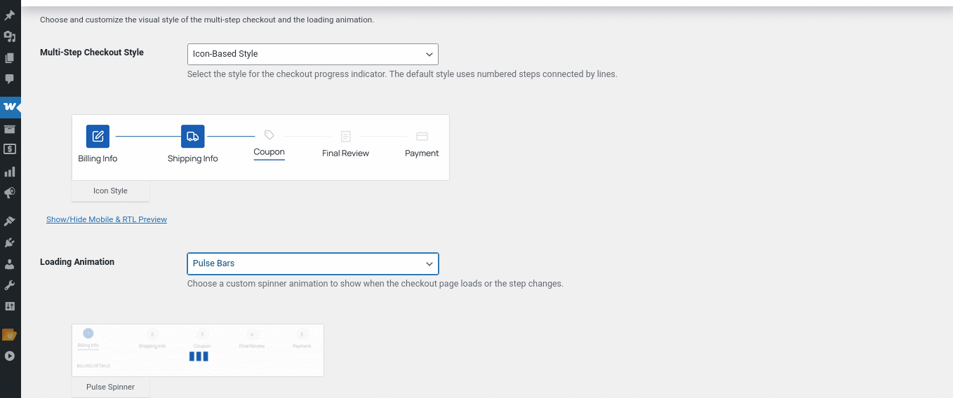 Animated GIF showing the loading animation toggle and highlight color setting in Multi-Step Checkout plugin, followed by the animated loading effect on the checkout page