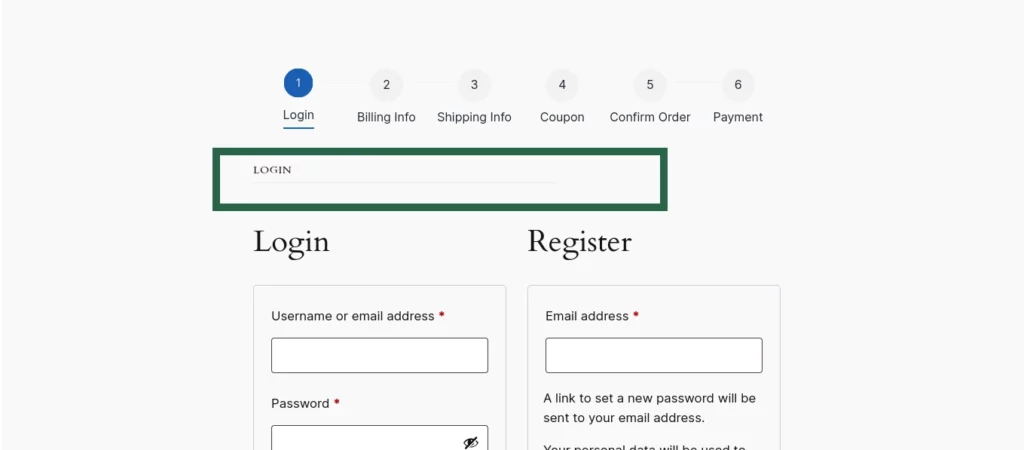 Screenshot of the checkout page showing the Login/Register heading above the login and registration form