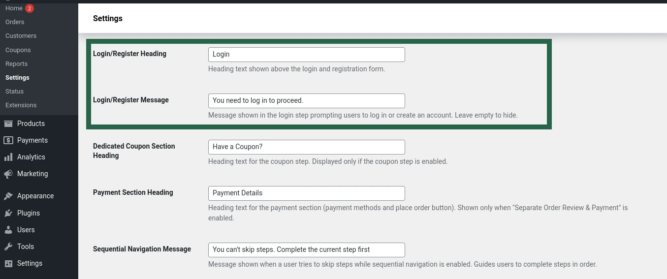 Screenshot of Login/Register Heading and Message fields in the Multi-Step Checkout settings panel.