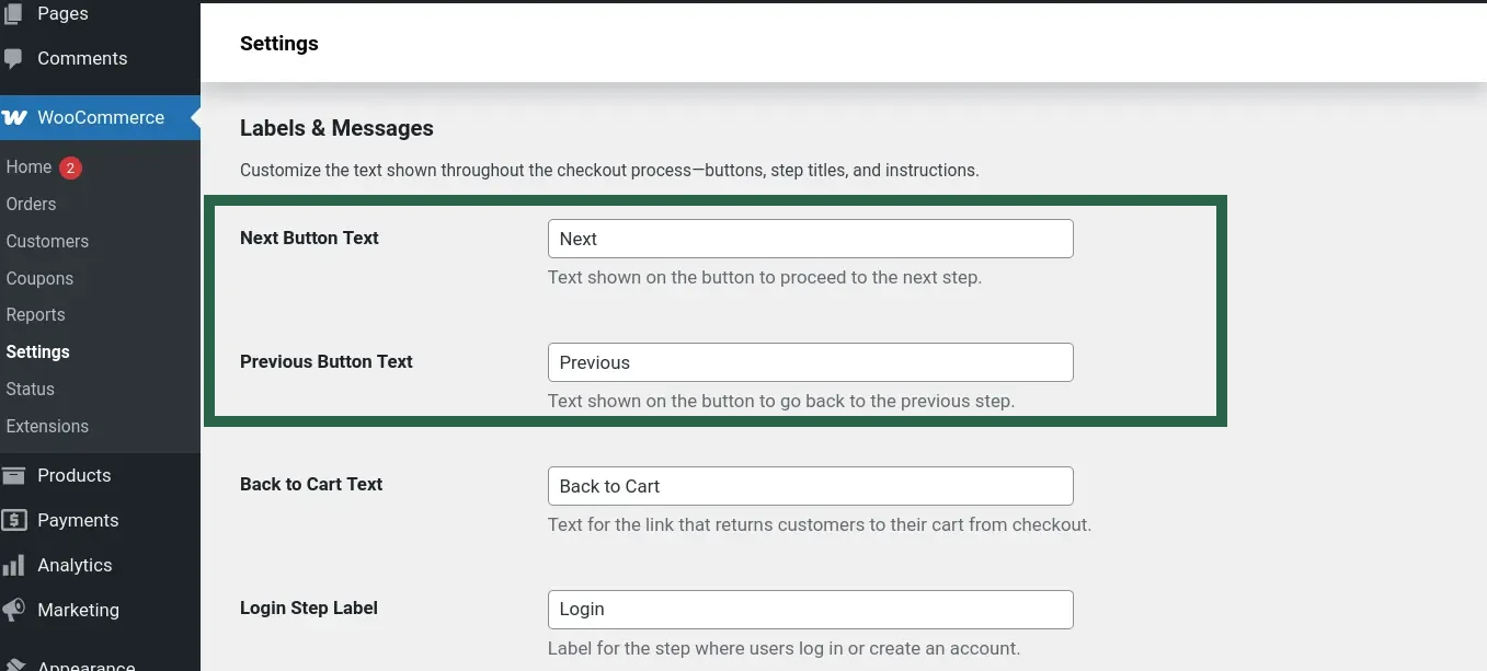 Screenshot of settings fields for customizing the Next and Previous button text in Multi-Step Checkout plugin.