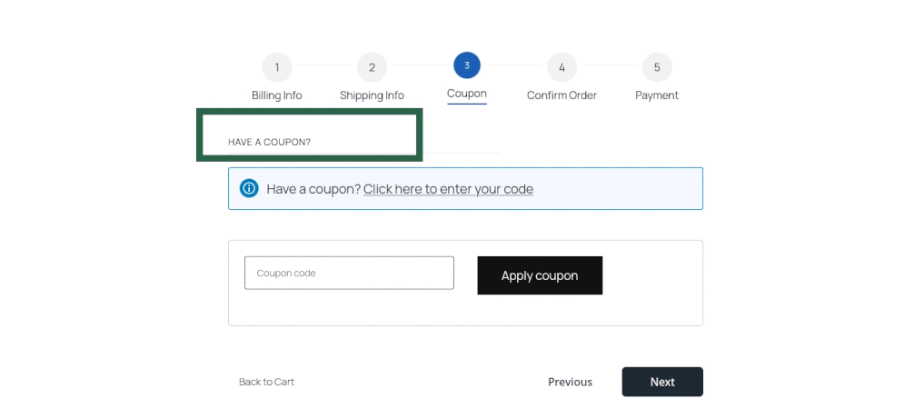 Screenshot of the checkout page showing the coupon section heading above the coupon input and the payment section heading above payment methods and place order button.