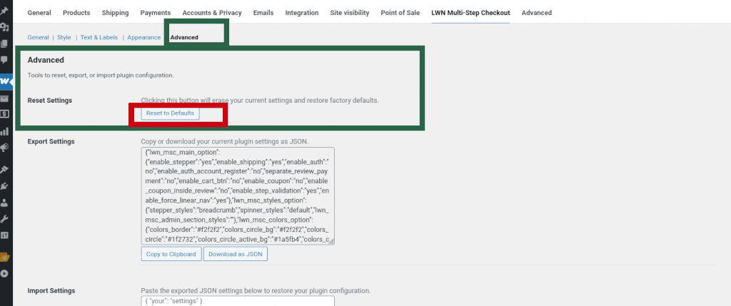 Animated GIF showing how to reset settings to defaults in the Multi-Step Checkout plugin and the appearance of a success message.