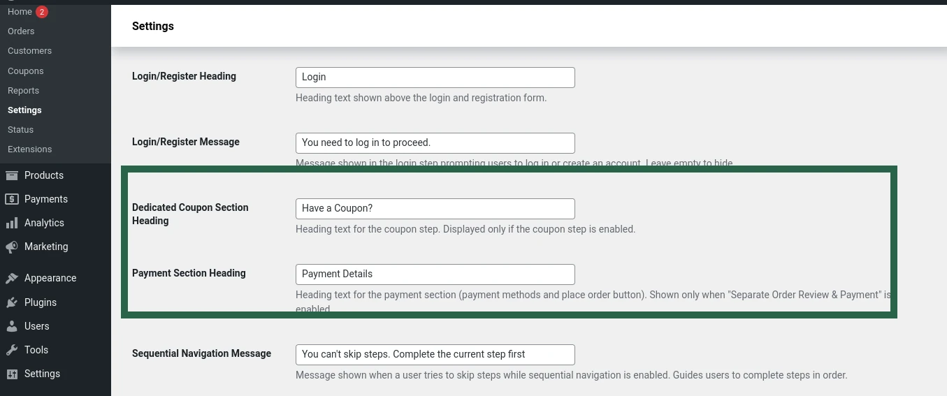 Screenshot of input fields for customizing coupon and payment section headings in Multi-Step Checkout plugin settings.