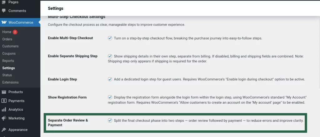 Screenshot of the “Separate Order Review & Payment” toggle enabled in the Multi-Step Checkout settings.