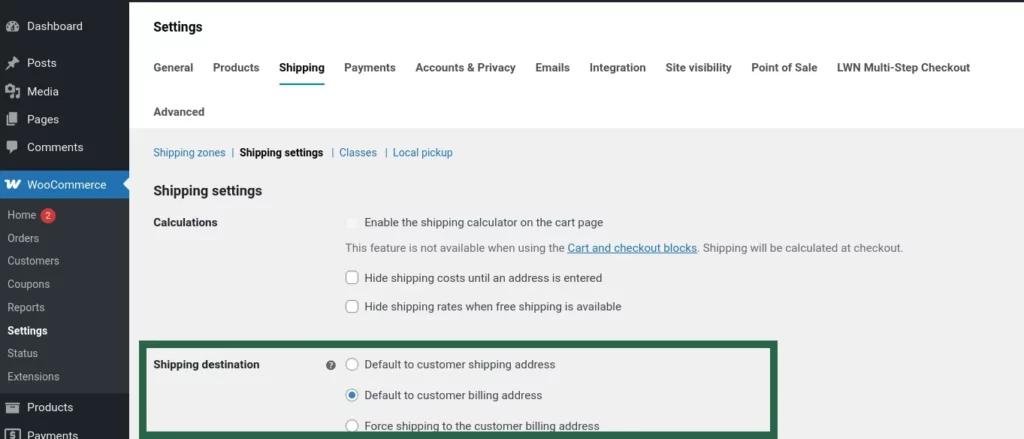 WooCommerce Shipping Screenshot of the WooCommerce "Shipping Destination" setting with options like "Default to customer shipping address.