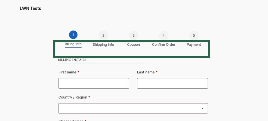 Screenshot of the checkout page showing visible step labels in the Multi-Step Checkout process.