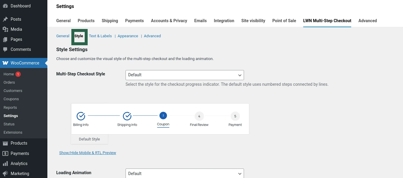 Screenshot of the Style tab in Multi-Step Checkout plugin showing stepper layout style options.