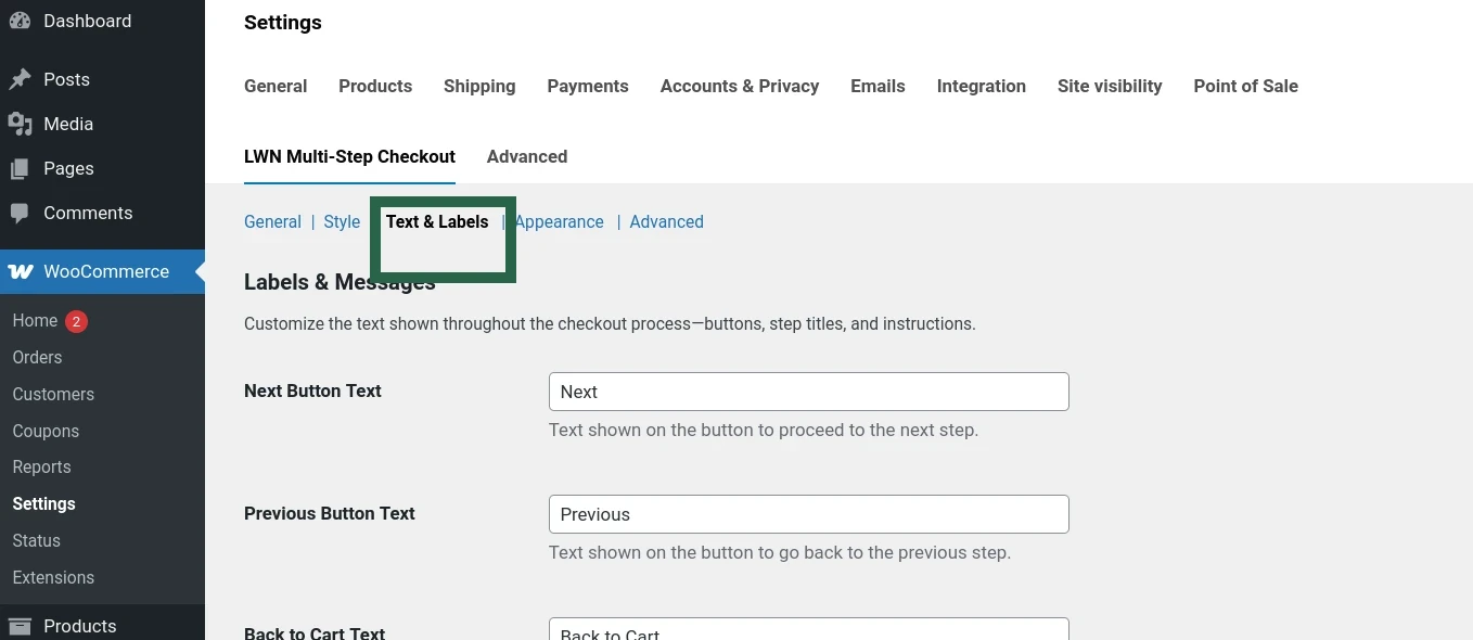 Screenshot of the Text & Labels settings page with placeholder content (TBA) in the Multi-Step Checkout plugin.