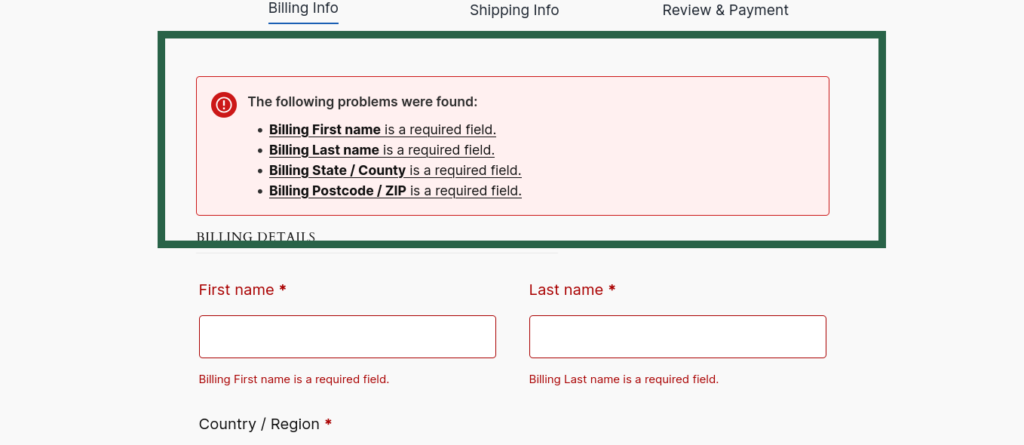 Screenshot of checkout page showing validation error messages for incomplete required fields.