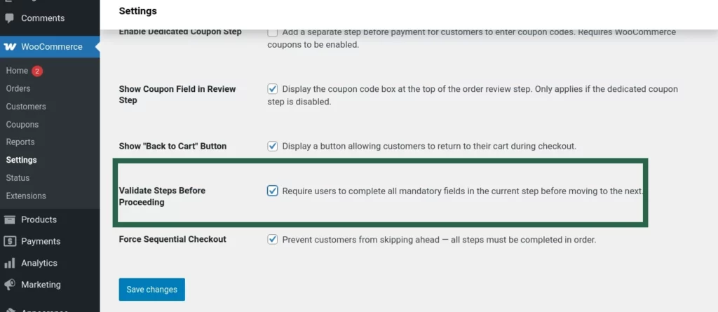 Screenshot of the “Validate Steps Before Proceeding” toggle in Multi-Step Checkout settings
