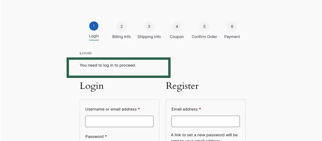 Screenshot of the WooCommerce checkout page showing a “Login required” message when guest checkout is disabled.