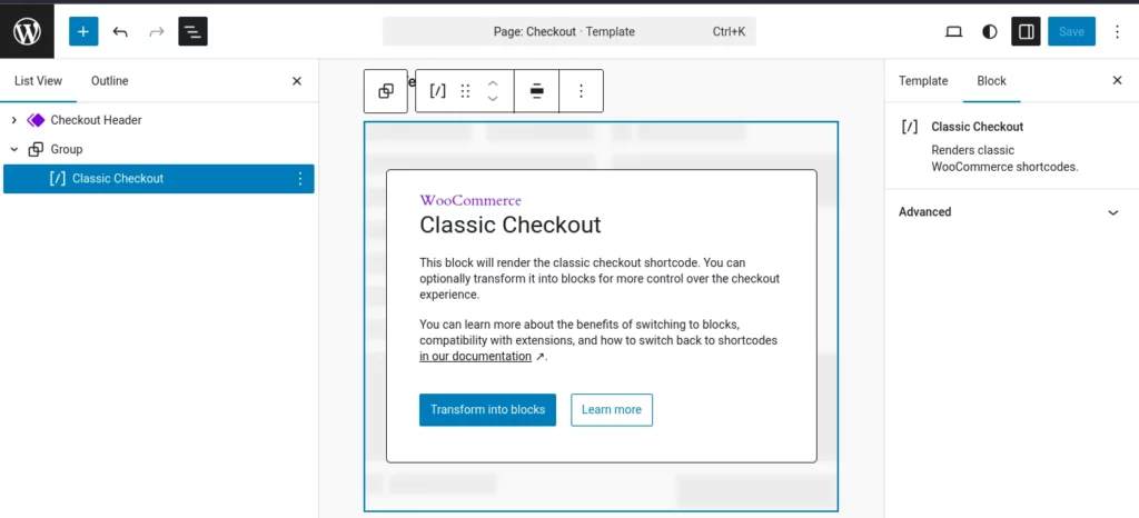“WooCommerce Checkout page template showing Classic Checkout block in Block Editor”