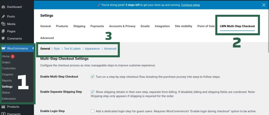 WordPress dashboard showing navigation to WooCommerce > Multi Step Checkout settings tab
